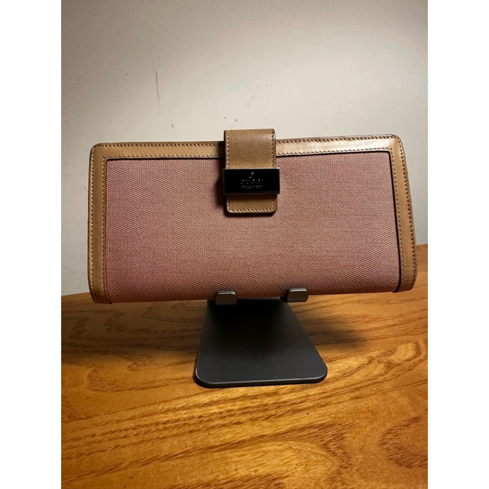 Gucci Tan and Pink Canvas & Leather Long Snap Wallet